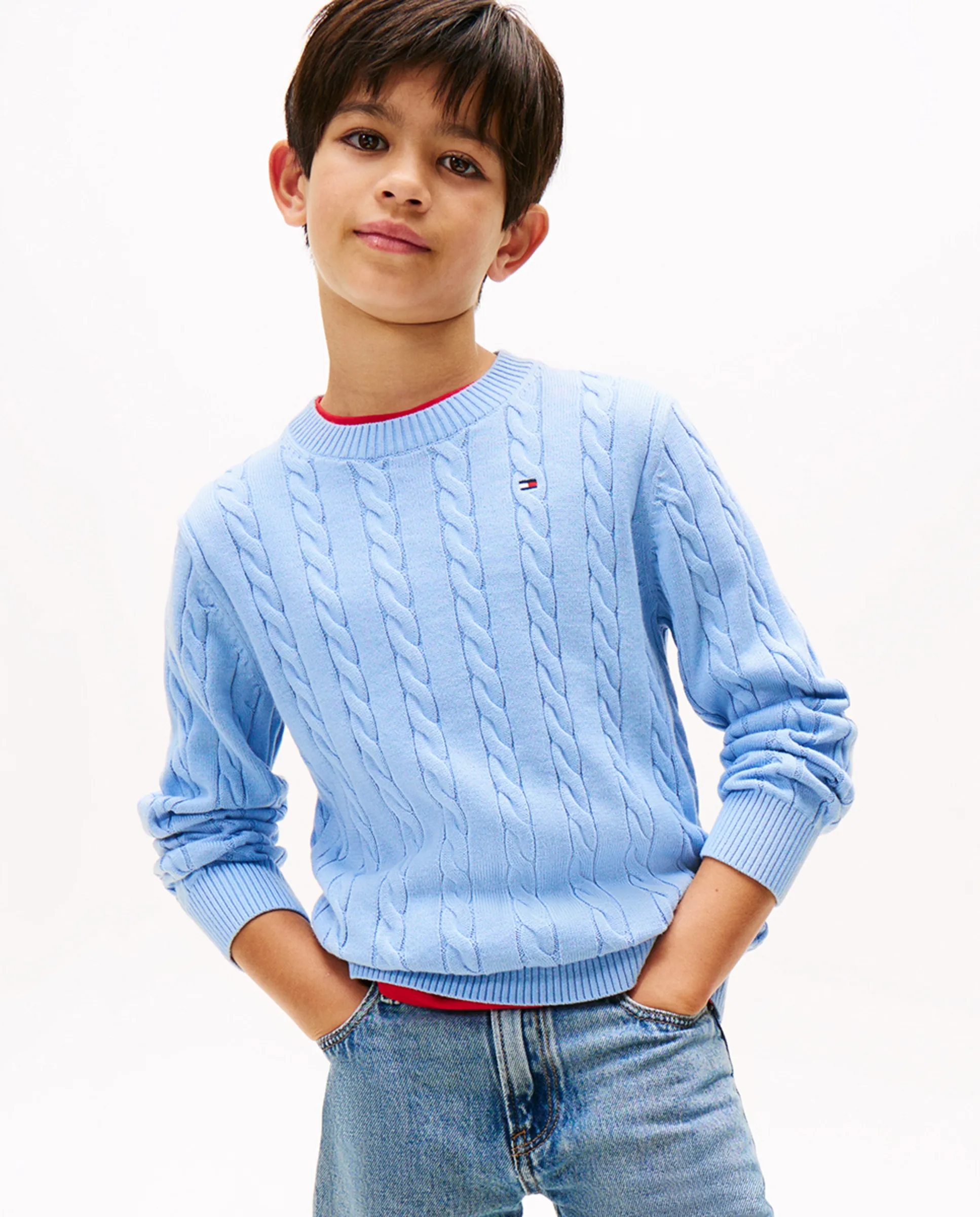 

Детский свитер с косой вязкой и круглым вырезом Tommy Hilfiger, синий