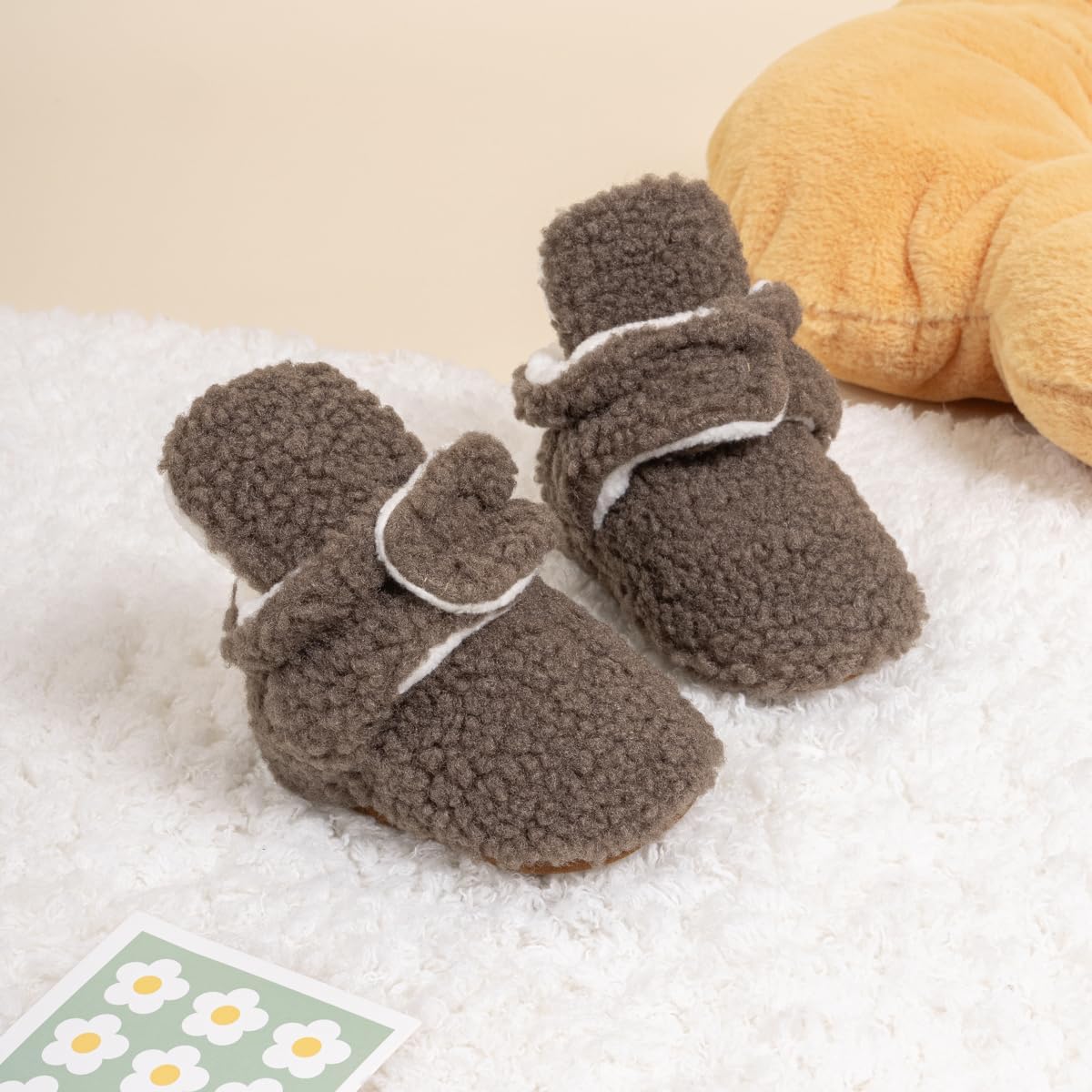 HsdsBebe Унисекс Новорожденные Детские Хлопковые Пинетки с Нескользящей Подошвой для Малышей Мальчиков и Девочек Зимние Теплые Флисовые Носочки-Обувь, 2210/Grayish Brown-Rubber Sole — фото 4