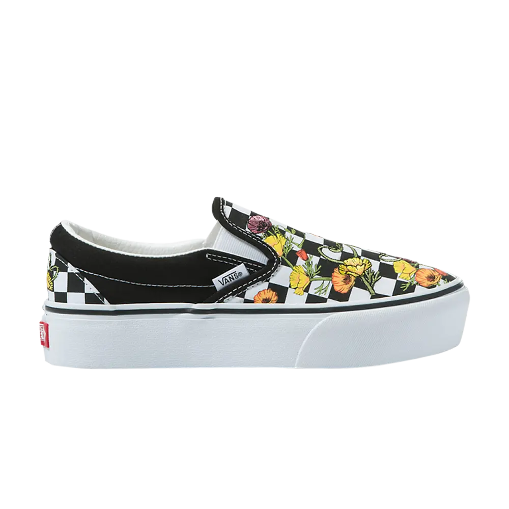 Слипоны женские в клетку Vans с цветочным принтом, черный/белый