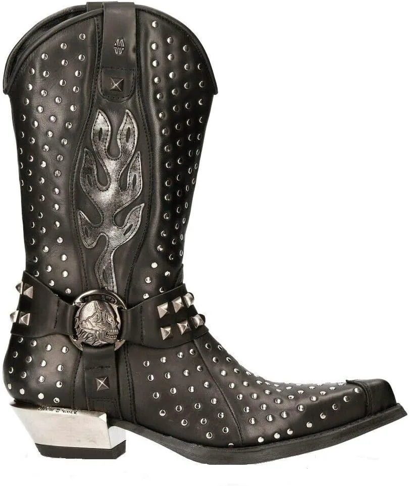 Новые мужские ковбойские сапоги New Rock M-7928-S1 WESTERN черная кожа, тяжелые байкерские с серебряными заклепками, черный — фото 2