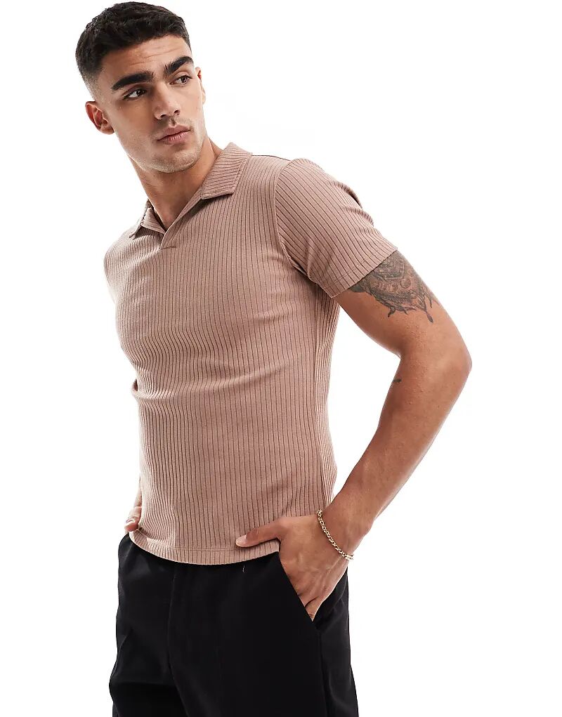 

Поло Muscle Fit Rib с воротником Revere розового цвета ASOS DESIGN