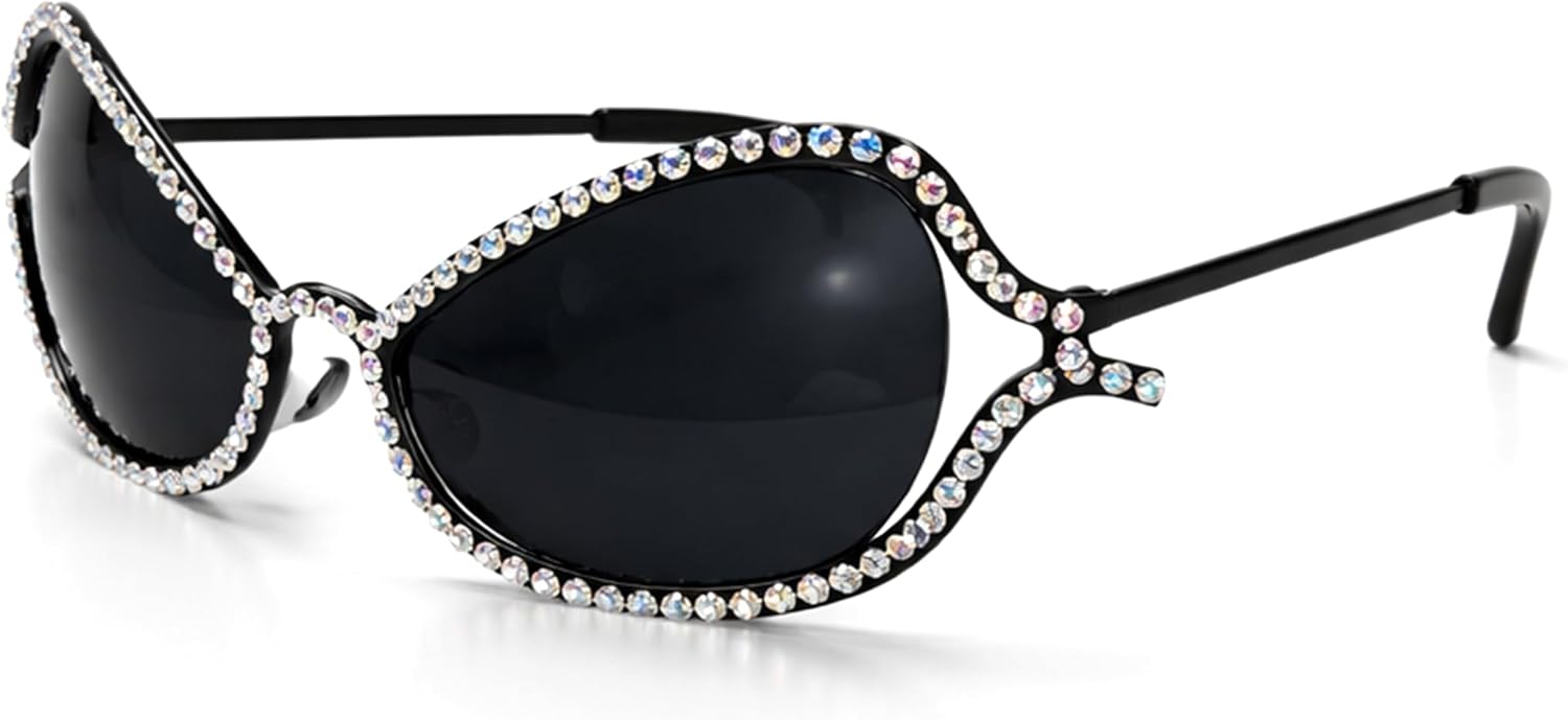 

bullabulling Модные солнцезащитные очки в стиле Y2K с блестящими стразами для женщин, роскошные солнцезащитные очки в панк-стиле с металлической оправой и защитой от УФ-излучения UV400, Black/Ab