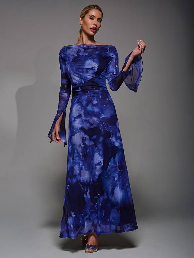 

Платье макси с длинными рукавами и асимметричным вырезом Jolie Moi, Blue Abstract