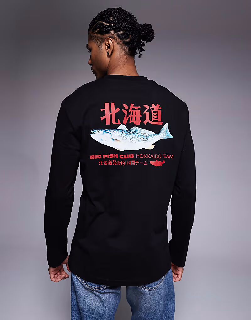 

Свободная футболка с длинными рукавами и изображением рыб, черный цвет Asos Design