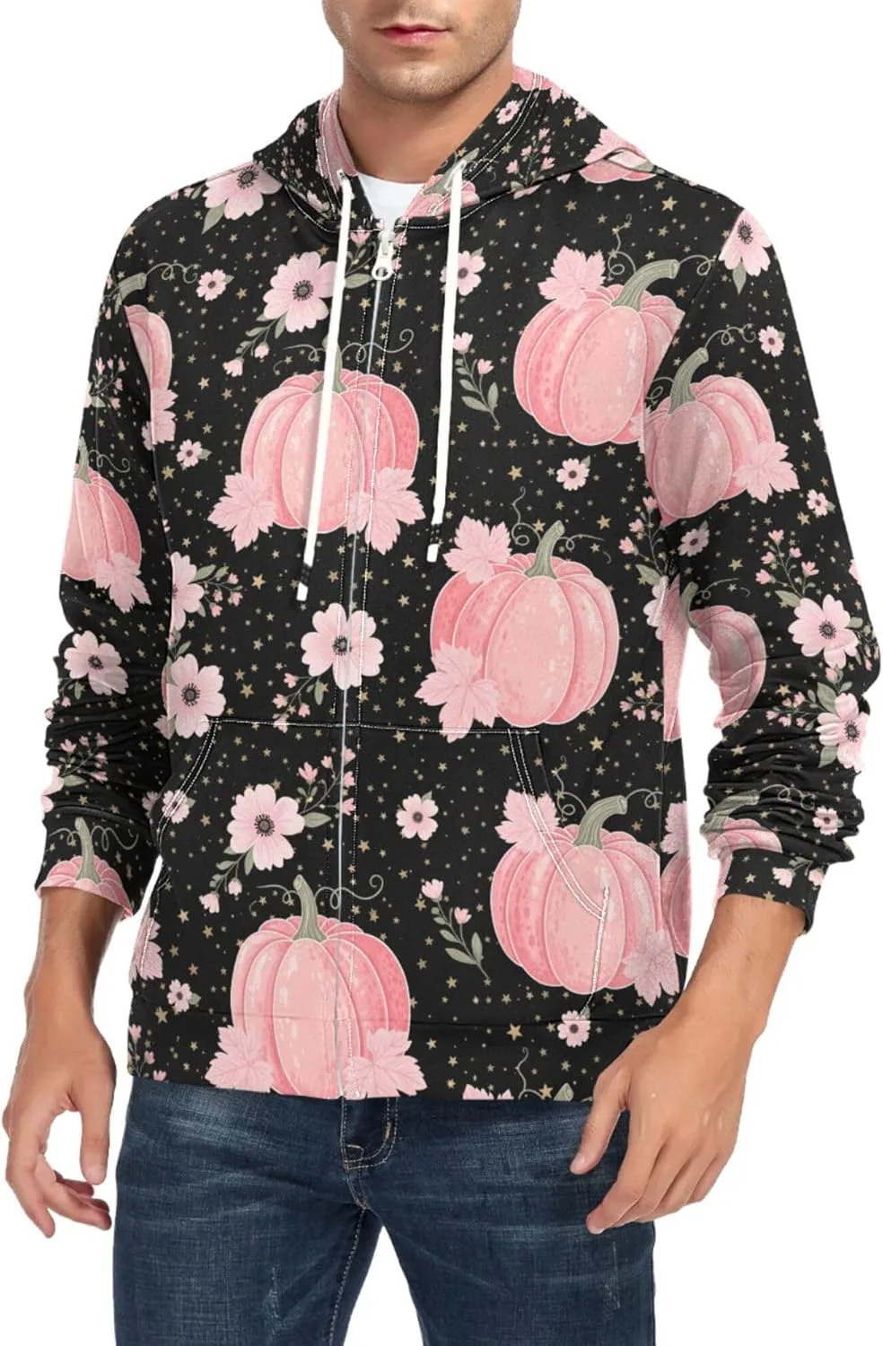 

Мужская худи с полной молнией Floral с розовым Pumpkin, длинный рукав, с карманом CUPADA