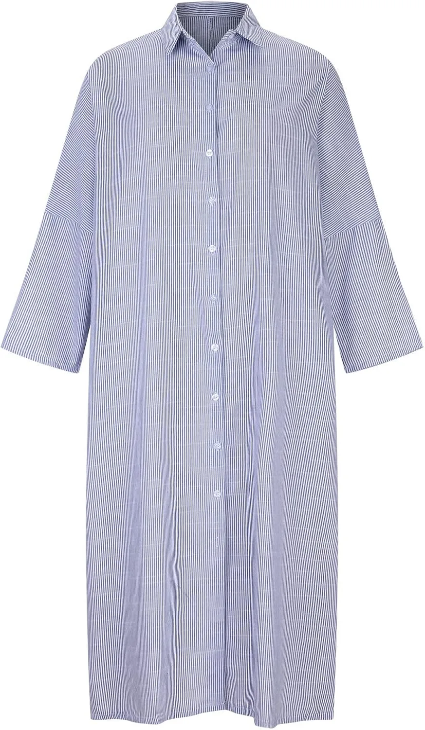 Длинное платье-рубашка в полоску для женщин, с длинными рукавами и V-образным вырезом, из хлопка и льна, платье-кафтан на пуговицах, кардиган Generic, синий — фото 3