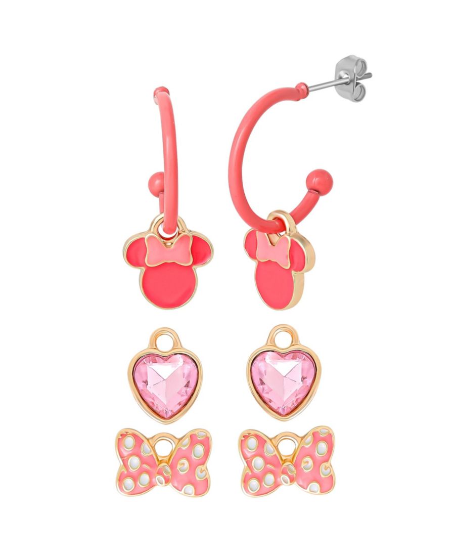 

Набор сережек-колец с розовым бантиком Минни Маус: 3 подвески и 1 кольцо Disney, Silver tone/pink