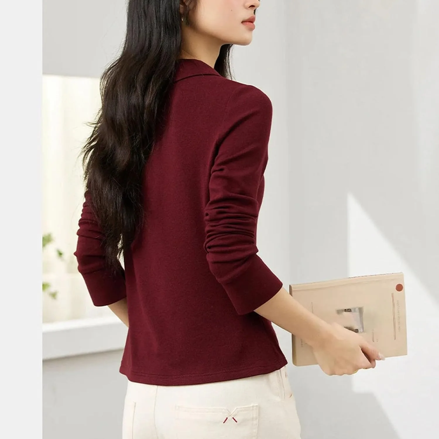 Женская красная футболка с воротником, Casual, длинный рукав, Slim Fit — фото 4