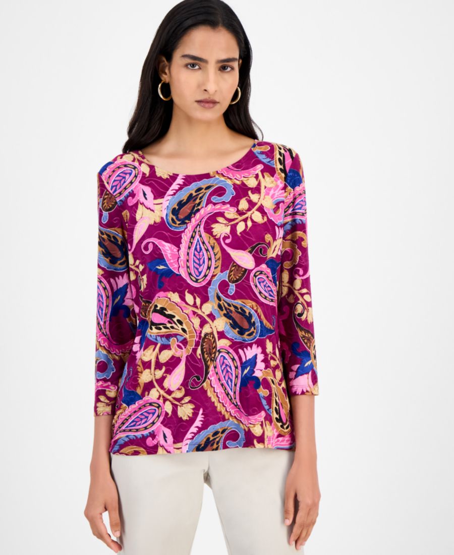 

Женская жаккардовая блузка с принтом, рукавами 3/4 и круглым вырезом JM Collection, Acai Berry Combo