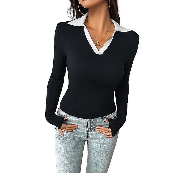 

Женская поло с длинным рукавом, V-образным вырезом и воротником, облегающая блузка Yesfashion, Black
