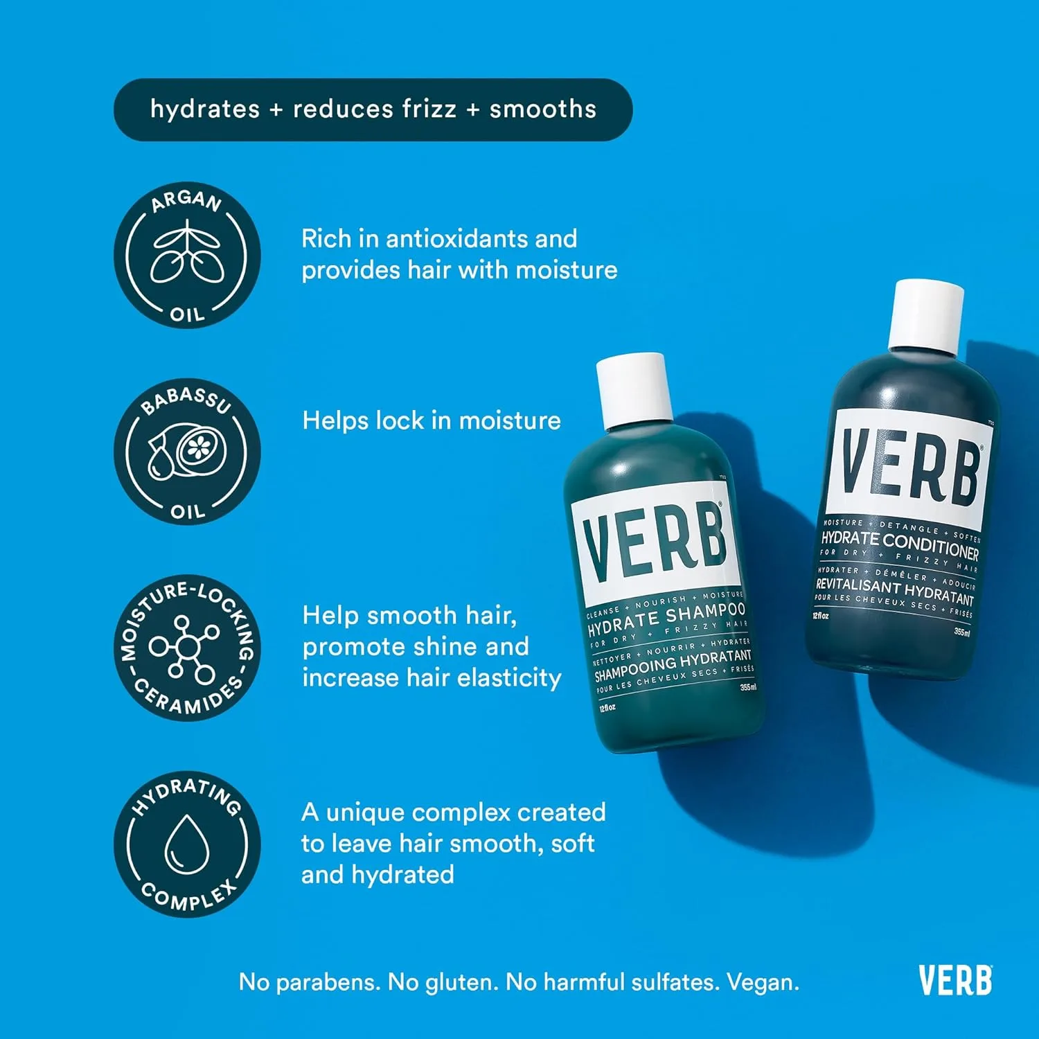 Шампунь VERB Hydrate - Очищает сухие и вьющиеся волосы - Разглаживает и уменьшает пушистость - Аромат амбры и теплого жасмина 355 мл (1 шт.) — фото 3