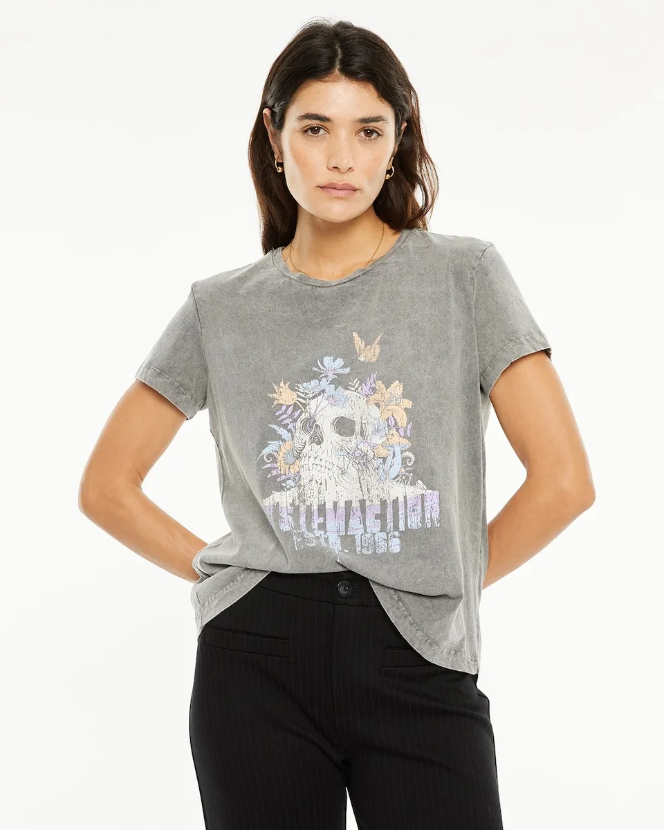 

Футболка для женщин с эффектом потертости и принтом System Action, серый