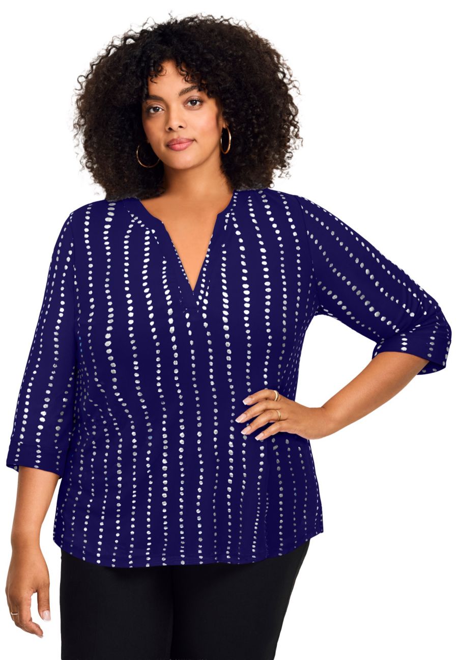 

Женский топ больших размеров с разрезом на воротнике, из фольги AVENUE, Blue stripe dot