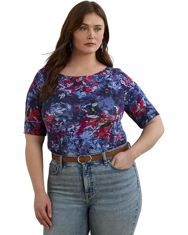 

Футболка Lauren Ralph Lauren Plus Size Print Stretch Cotton Boatneck Tee, синий мульти