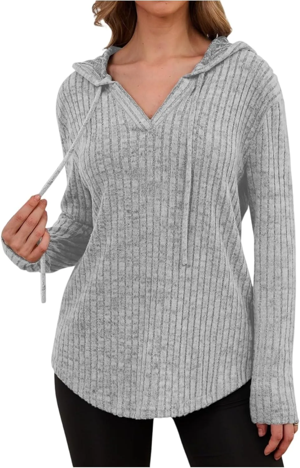 

FlekmanArt женский уютный вязаный свитер с капюшоном и V-образным вырезом