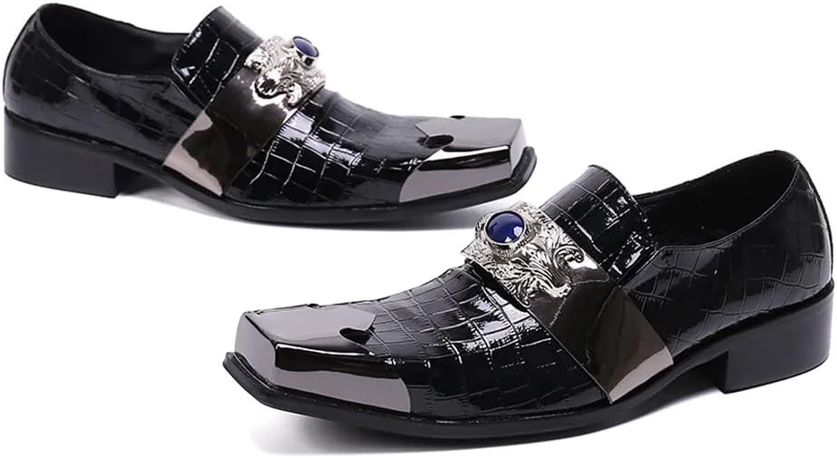 

Santimon Мужские Платья Лоферы Металлические ремницы Настоящая кожа Сапфировый декор Твердый квадрат Совет Бизнес-вечерняя свадебная обувь, черный