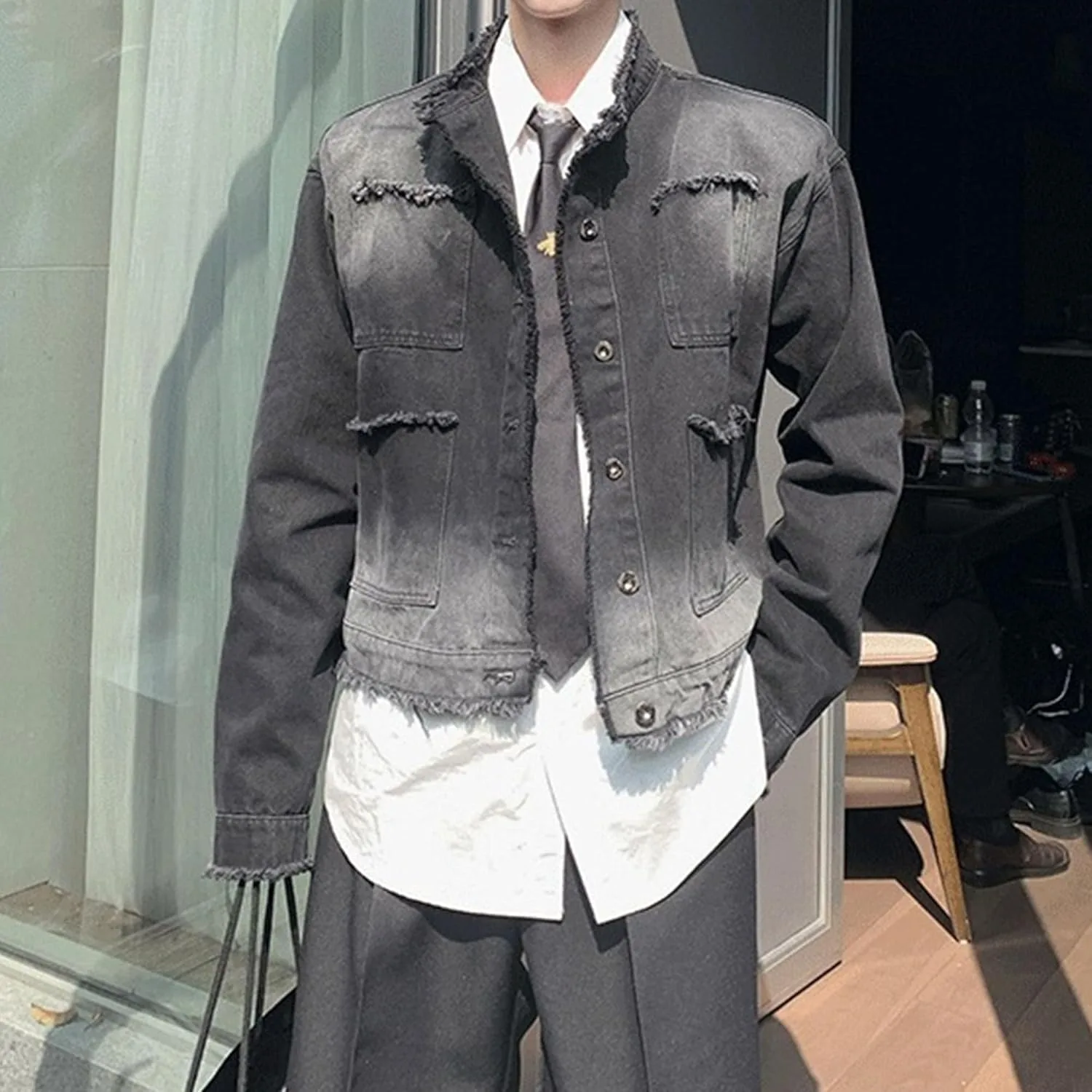 Мужская джинсовая куртка с эффектом потертости, повседневная, с рваными отверстиями, на пуговицах, классическая винтажная, приталенного кроя Generic, Bk — фото 4