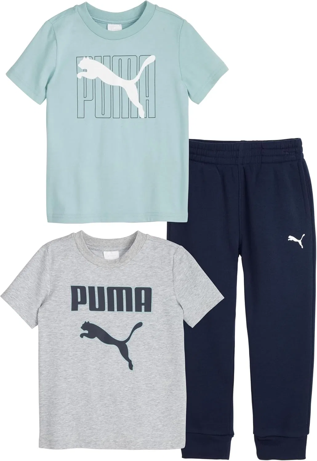 Детский комплект PUMA из 3 предметов: футболка с коротким рукавом из хлопкового трикотажа и соответствующие трикотажные брюки, Heather Grey/Mint