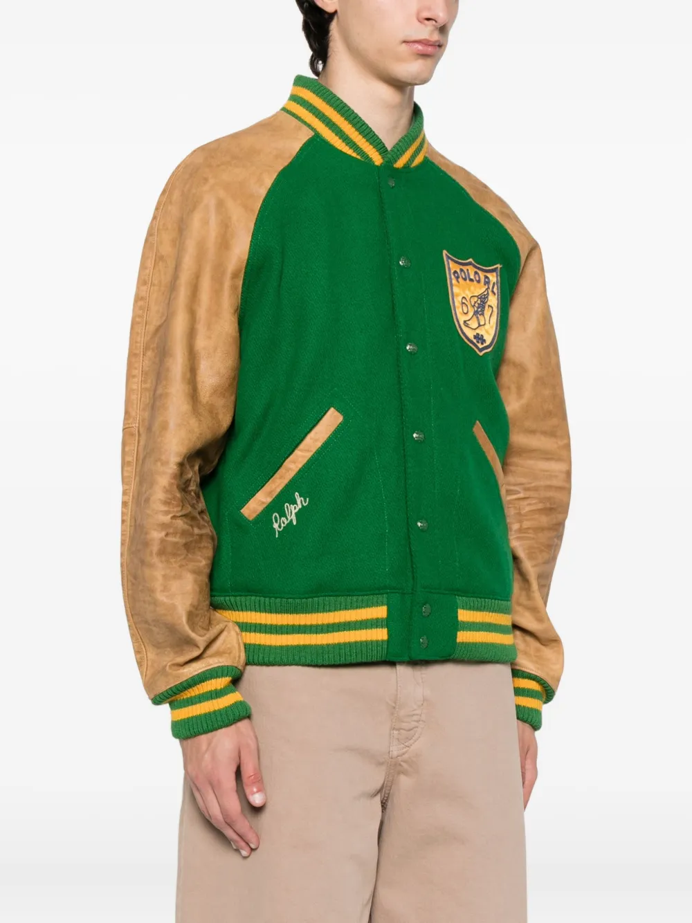 Бомбер с кожаными рукавами POLO RALPH LAUREN, зеленый — фото 3