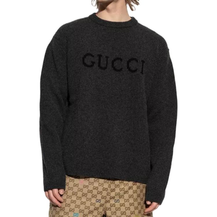 Свитер с резинкой и логотипом интарсия GUCCI, серый черный — фото 2