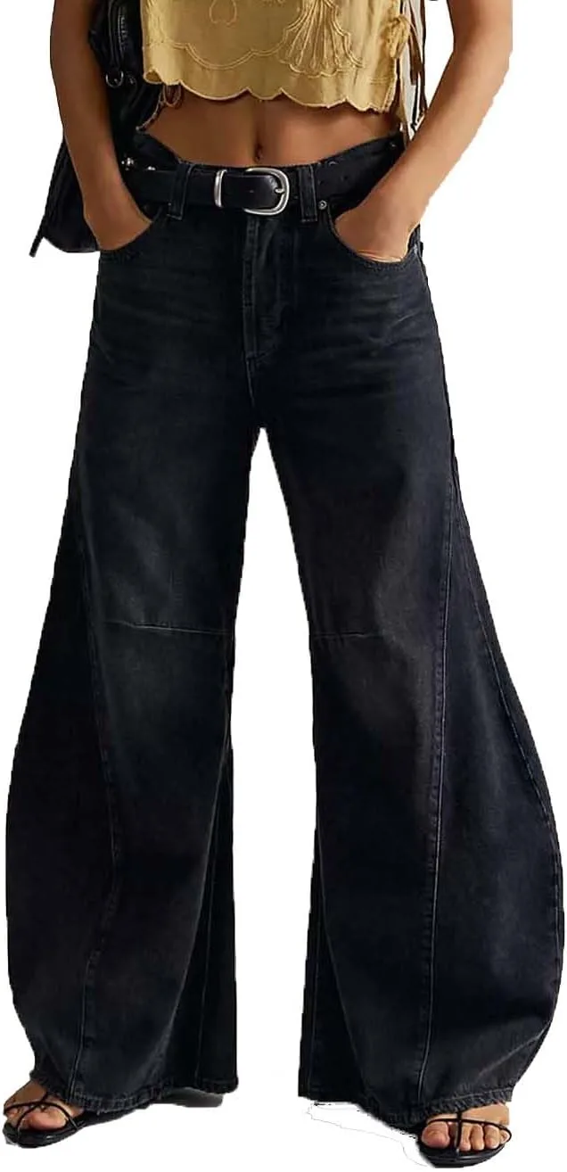 

Franhais женские джинсы wide leg high waist baggy washed denim