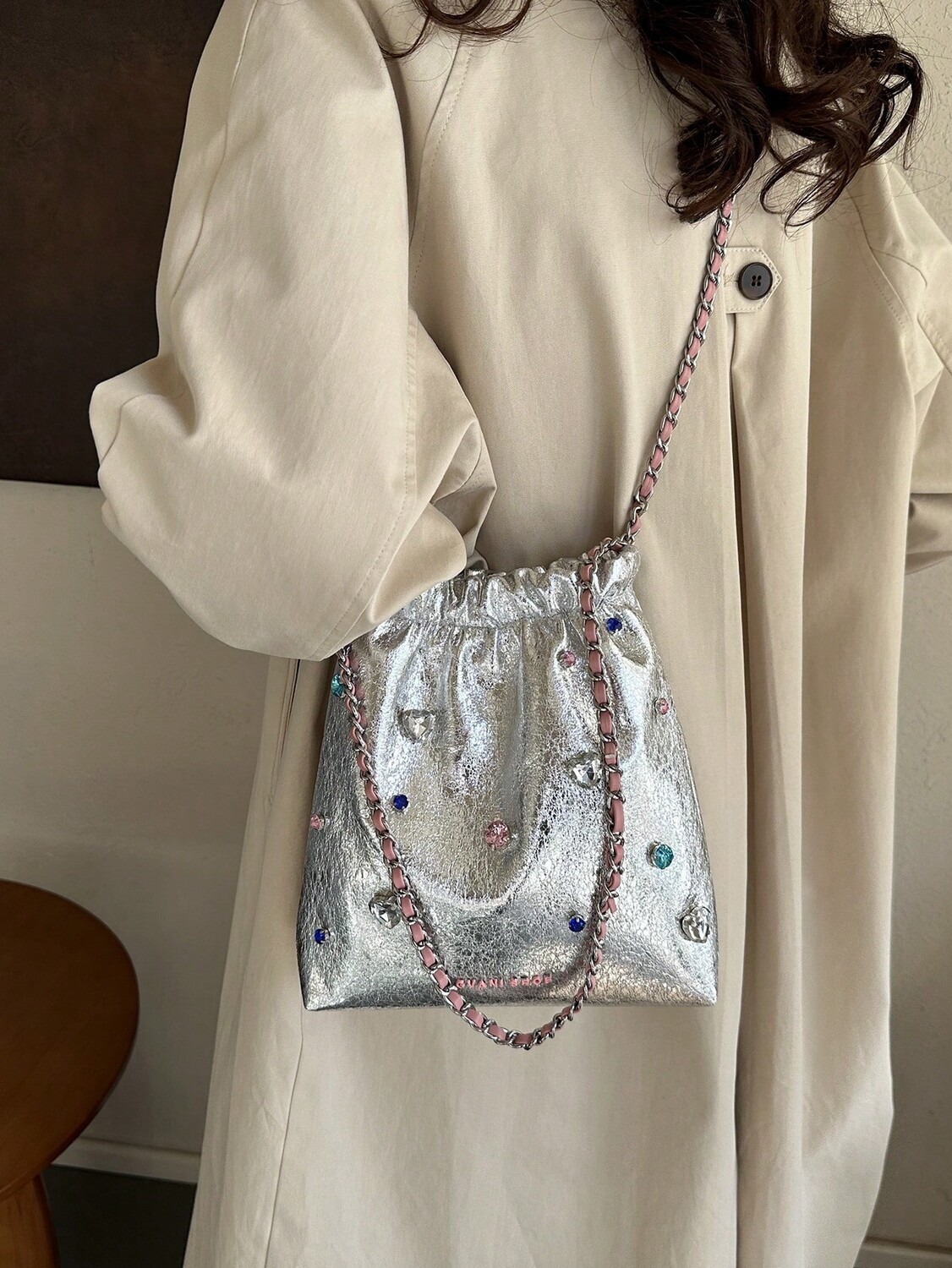 

Сумка через плечо, модная серебряная украшенная стразами конструкция на шнурке, серебряный