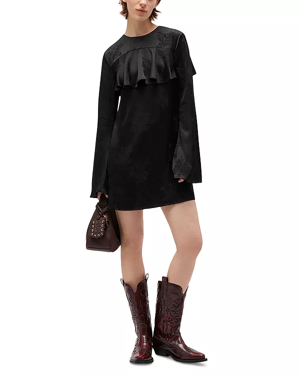 

Струящееся мини-платье из атласного жаккарда Ganni, черный