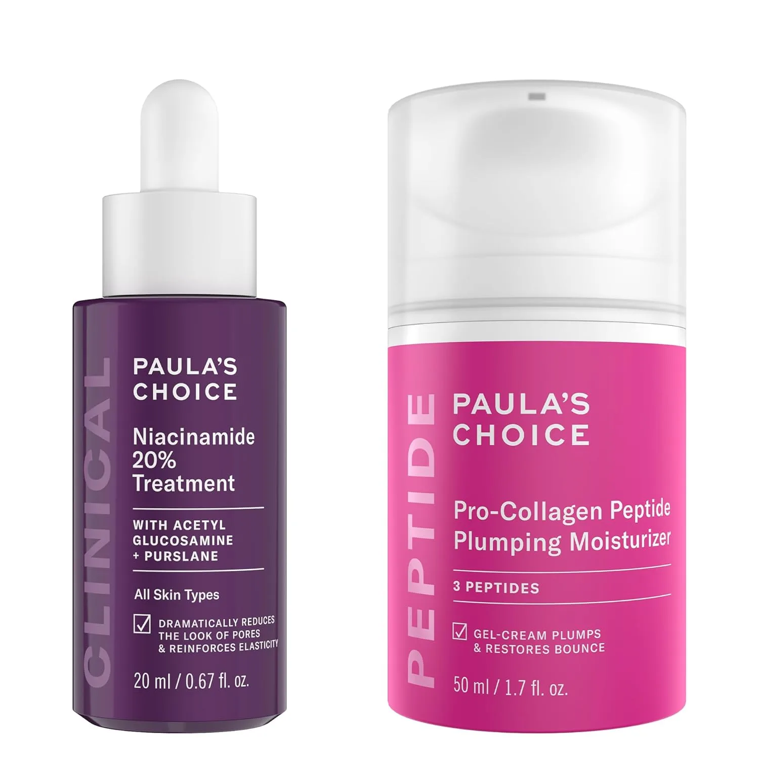 Paula's Choice Pro-Collagen Peptide Plumping Moisturizer, увлажняющий гель-крем для глубокого увлажнения и CLINICAL 20% ниацинамид сыворотка для лица, коррекция пигментации и сужение пор