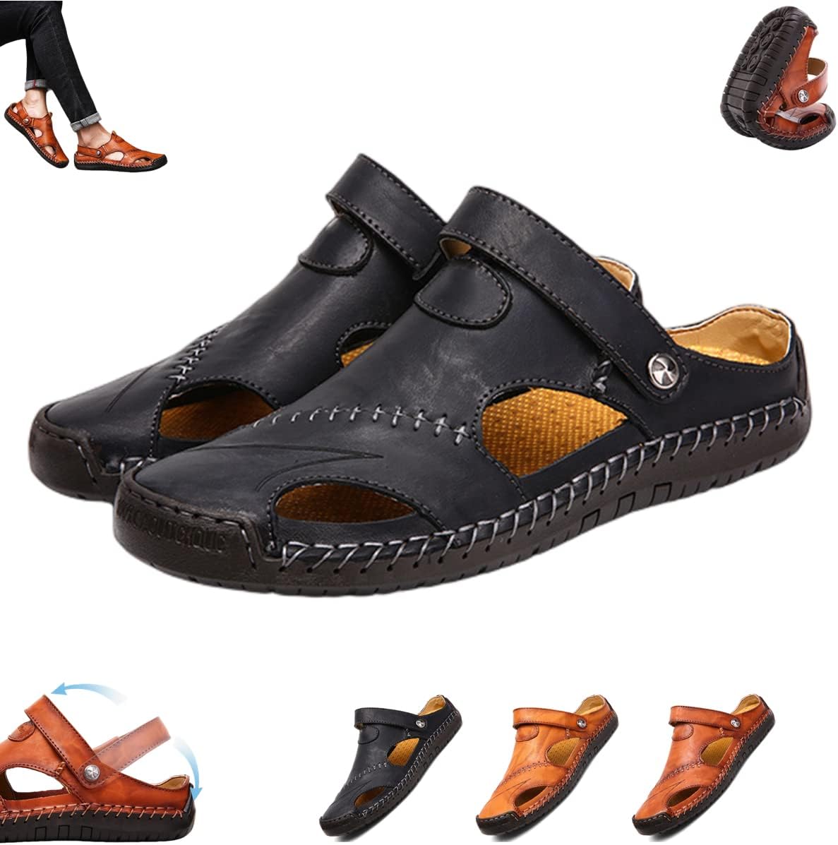 

Сандалии Zhongle Mutlon, мужские повседневные с закрытым носком, кожаные ручной работы, повседневные сандалии Mutlon с закрытым носком для мужчин, черный