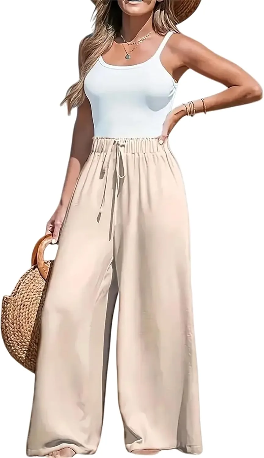 Женские брюки Petite из льна на кулиске для весны и лета, повседневные, с высокой талией, свободные, в стиле бохо, для путешествий, летние, для пляжа и отпуска Generic, светло-желтый