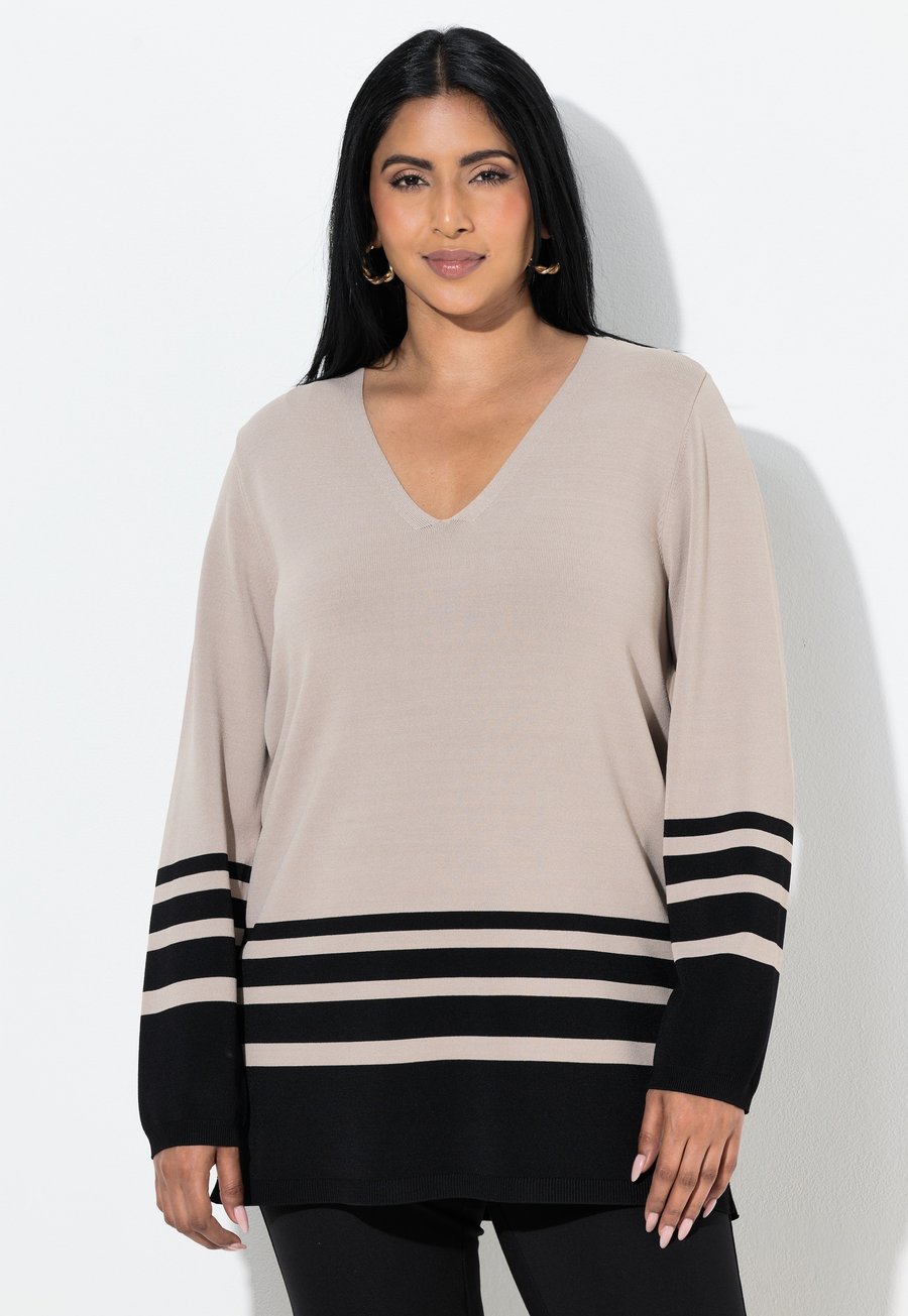 

Джемпер Ulla Popken STREIFEN, V-AUSSCHNITT, LANGARM, Dark Beige/Beige