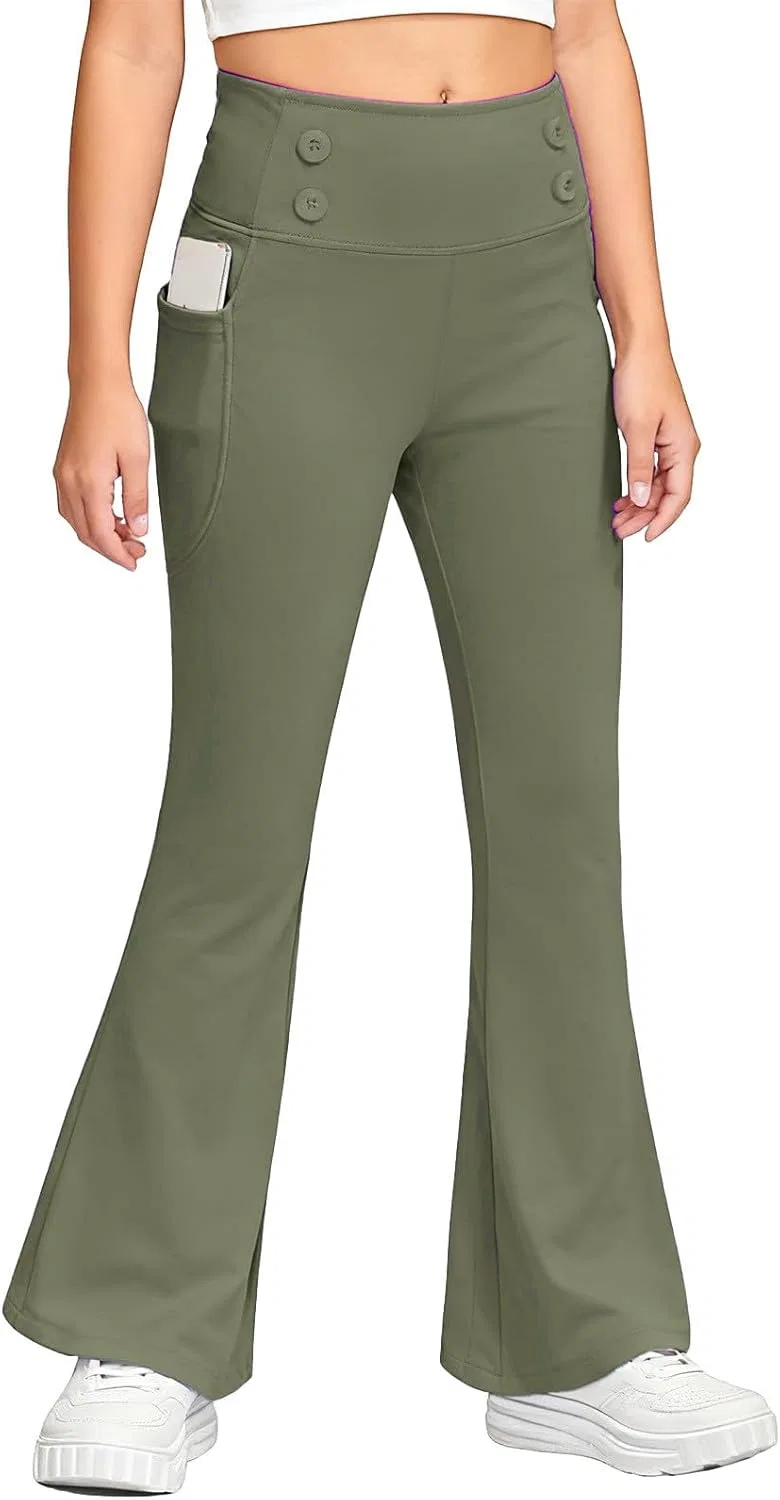 Леггинсы с клешем для девочек, флисовые, с высокой талией, Army Green
