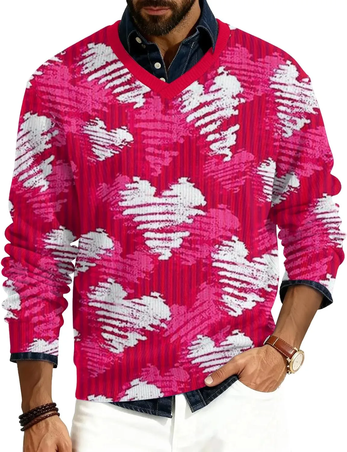 

Мужская футболка с V-образным вырезом и длинным рукавом, вязаная, с абстрактным сердечком, мягкая и легкая