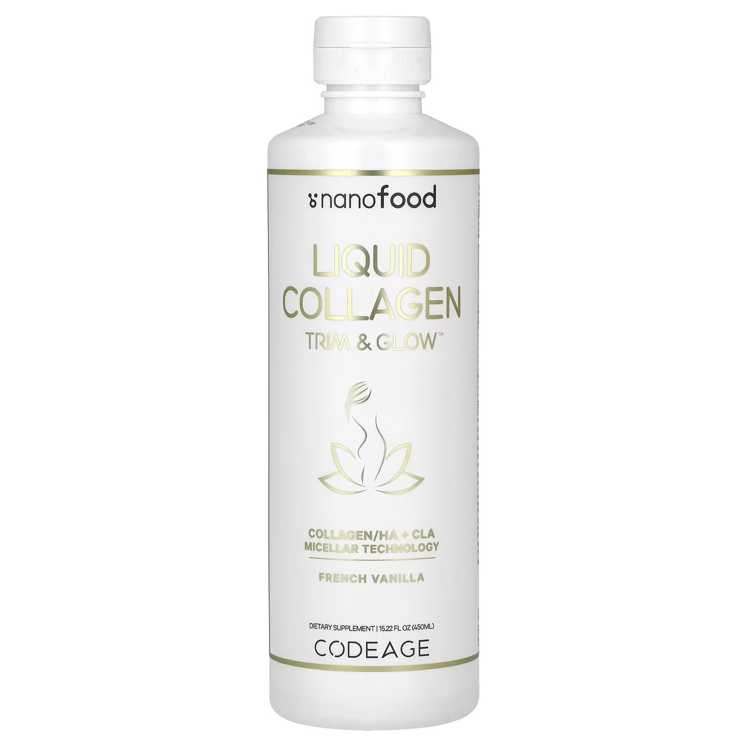 

Codeage Nanofood Liquid Collagen Trim & Glow, французская ваниль, 15,22 жидких унции (450 мл)