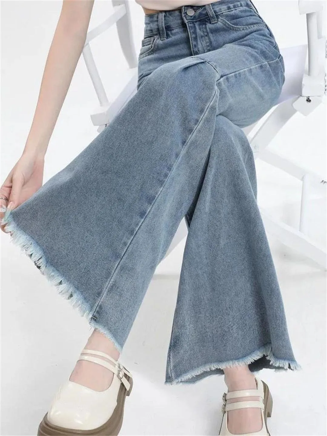 Женские джинсы в стиле Korean Fashion скинни-флейр, повседневные, с высокой посадкой, винтажные, широкие Generic, синий — фото 4