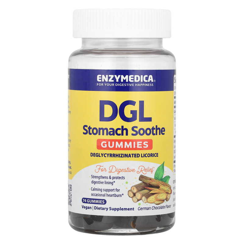 

Enzymedica, DGL Stomach Soothe Gummies, немецкий шоколад, 400 мг, 74 жевательных мармеладки (200 мг в каждой жевательной таблетке)