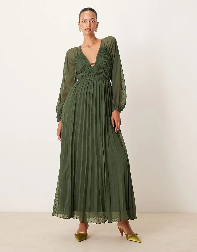 

Платье мидакси ASOS DESIGN с глубоким декольте и длинными рукавами, плиссированное, оливкового цвета