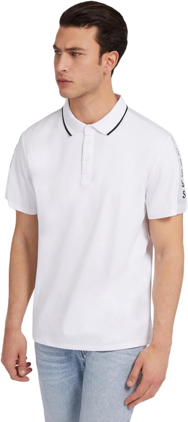 

GUESS Мужская короткая Поло Paul Pique Tape, Pure White, Белый, GUESS Мужская короткая Поло Paul Pique Tape, Pure White