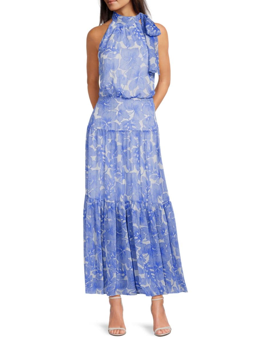 

Платье макси с металлическим цветочным принтом и завязкой на шее Tommy Hilfiger, цвет Ivory French Blue