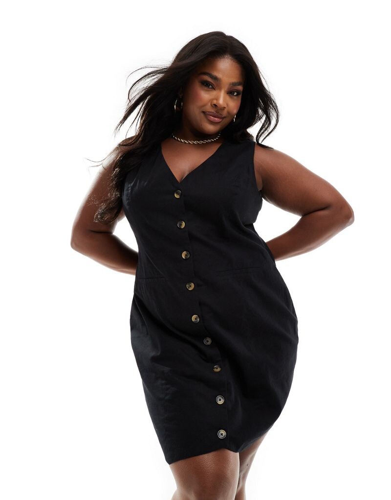 

Черное платье мини с жилетом и пуговицами из смесового льна ASOS DESIGN Curve