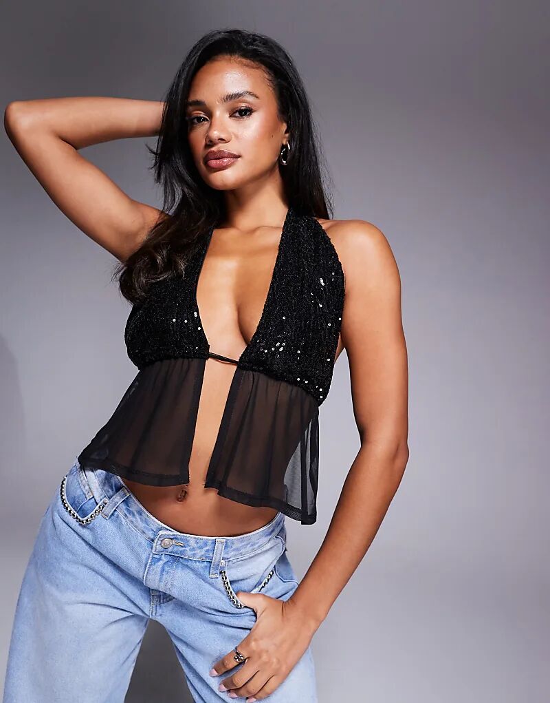 

Топ-халтер с пайетками и сеткой ASOS DESIGN, черный