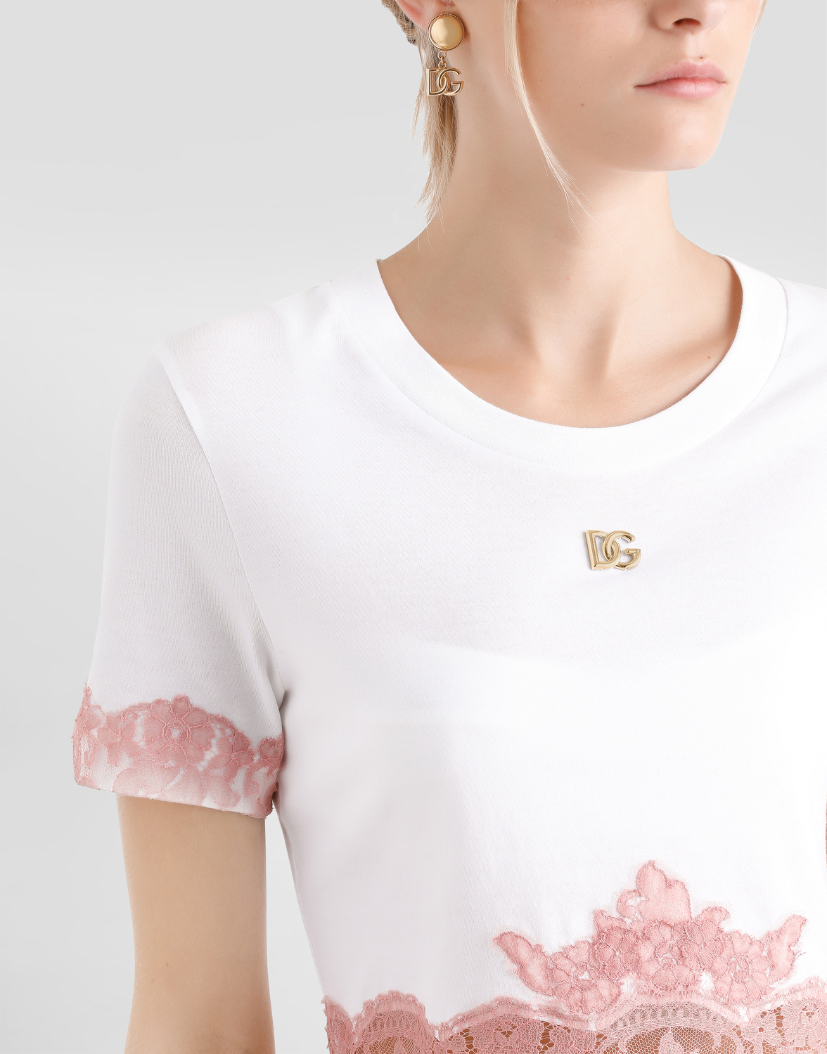 Укороченная футболка из джерси с логотипом dg и кружевными вставками Dolce & Gabbana, белый — фото 4
