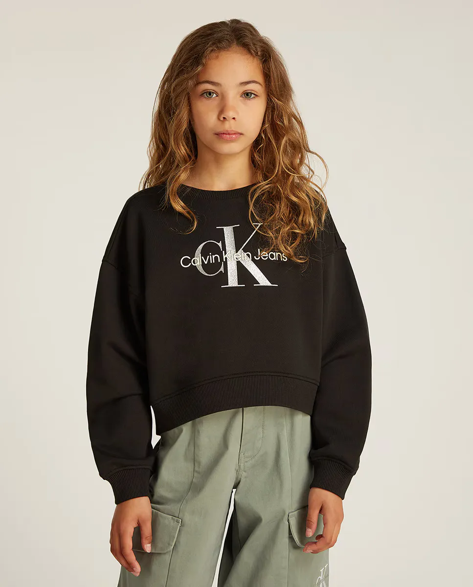 

Свитшот для девочки с блестящей монограммой Calvin Klein, черный