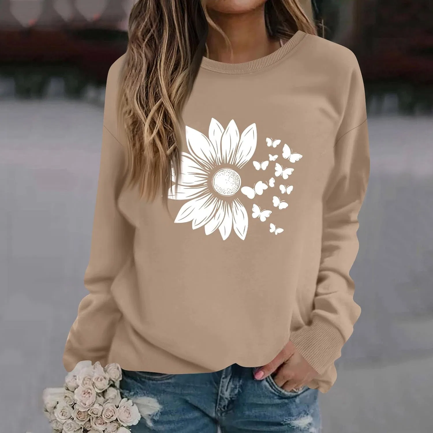 Женский свитшот с цветочным принтом, свободный крой, 2-brown — фото 2