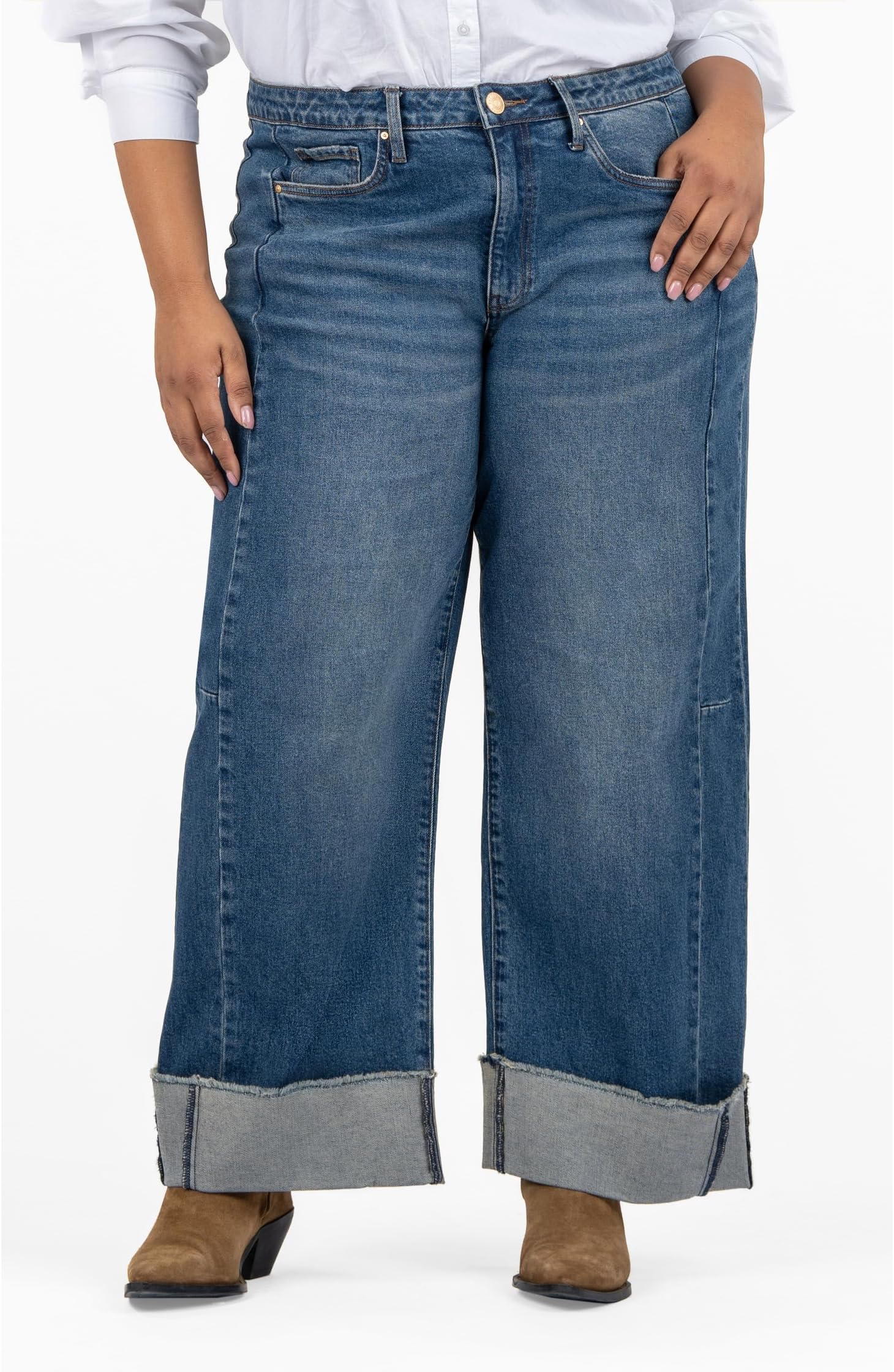 

Джинсы KUT from the Kloth Plus Meg High-Rise Fab Ab Wide Leg -Roll Up in Commitment, цвет Commitment