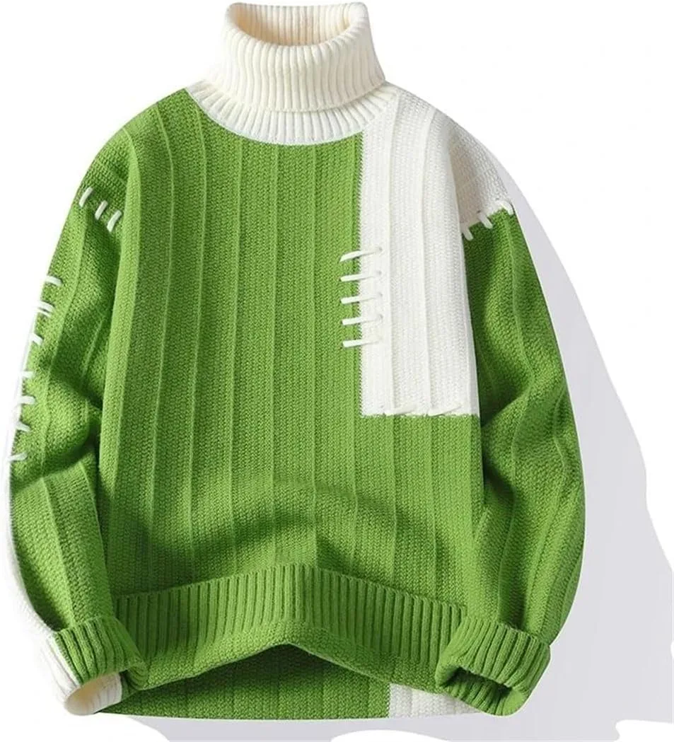 Мужской зимний свитер с воротником-стойкой в стиле пэчворк, повседневный вязаный пуловер, теплый свободный трикотажный свитер Generic, бежевый — фото 3