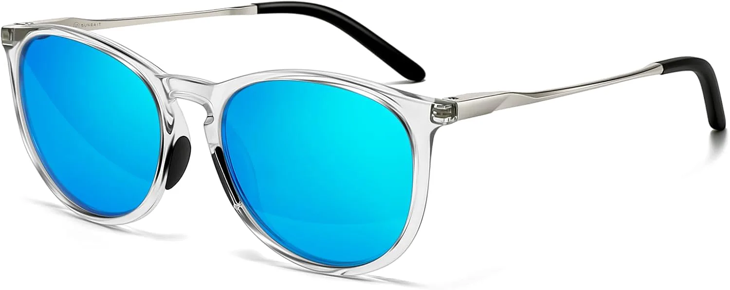 

Солнцезащитные очки SUNGAIT Original Design Trendy Polarized Vintage Round Classic Retro Style для женщин и мужчин, 2025 Transparent Frame/Blue Mirror Lens