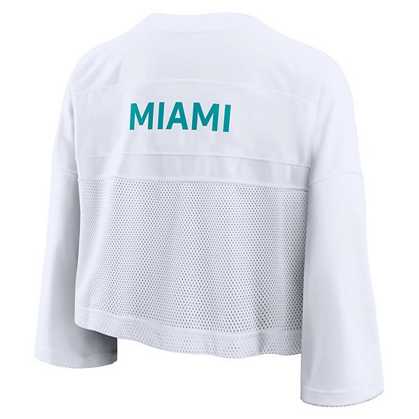 Женская белая футболка Miami Dolphins Primetime с укороченным кроем и сетчатыми вставками Dri-FIT Nike — фото 4