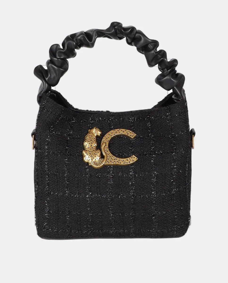 

Маленькая твидовая сумка со сборчатой ​​ручкой и леопардовым логотипом LC Lola Casademunt, черный