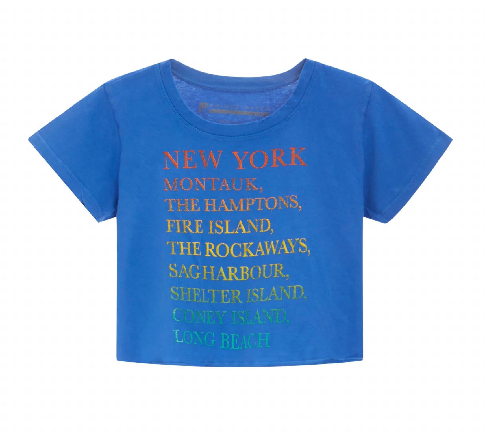 

Женская укороченная футболка New York Beaches синего цвета Prince Peter